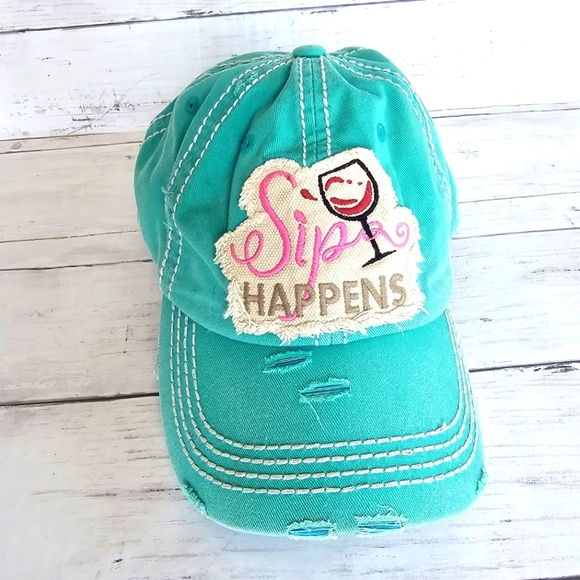 KBETHOS Accessories - KBethos Vintage Turquoise Distressed Sip Happens Graphic Hat Cap Velcro Adjust